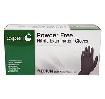 Aspen Nitrile Exam Gloves, Powder-Free, Black, Medium, 100/Pkg